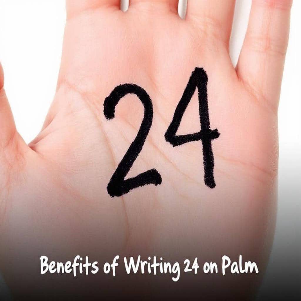 A close-up of a hand with the number 24 written on the palm in blue ink, symbolizing luck, positivity, and manifestation benefits in numerology.
