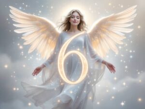 The meaning of angel number 6 represented through symbols of balance, family, home, and spiritual pathways.