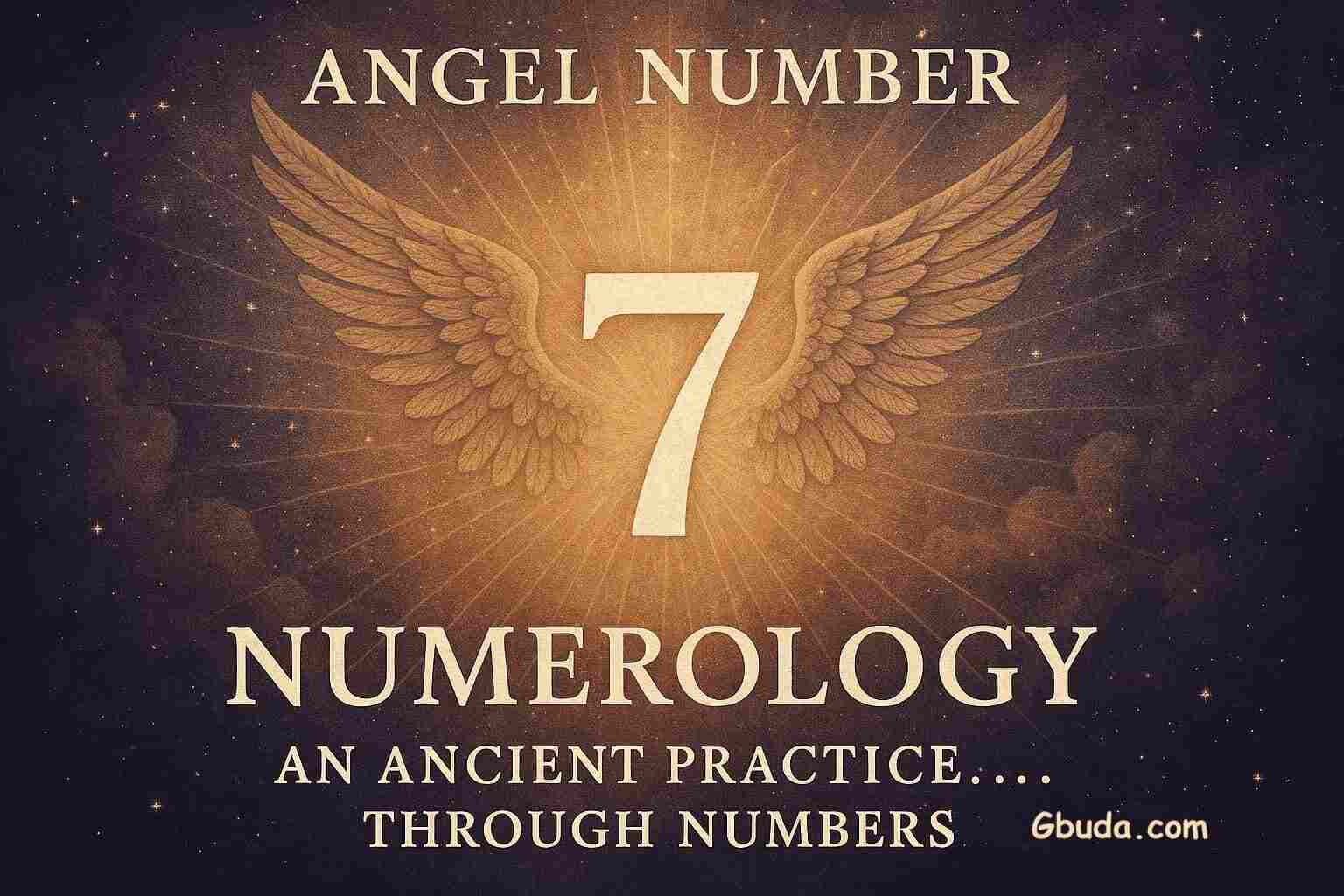 Angel Number 7 Numerology with golden wings and radiant light on a starry background, representing spiritual guidance and ancient numerology practices.