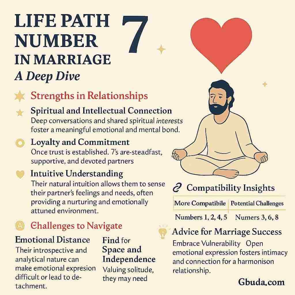 Life Path Number 7 in marriage infographic detailing relationship strengths, challenges, compatibility, and advice, featuring a meditating man and a red heart.