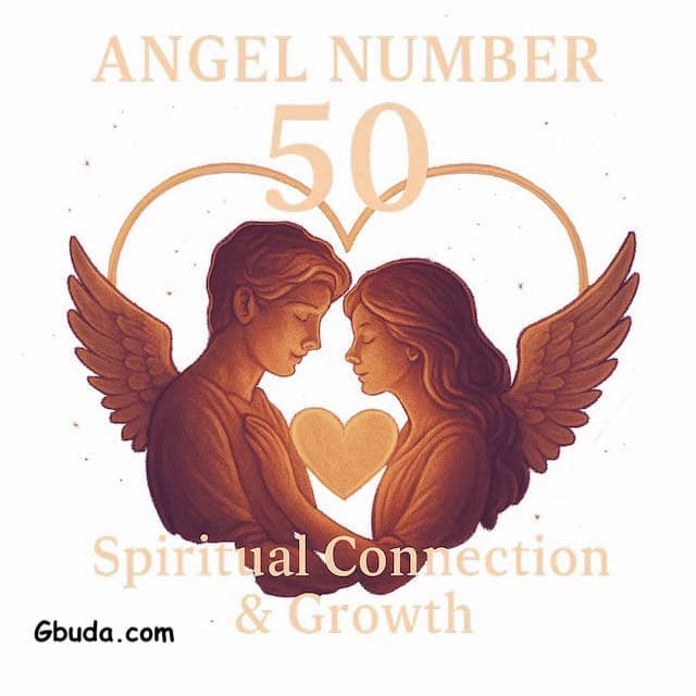 Two angelic lovers surrounded by glowing light and a heart-shaped aura, symbolizing the spiritual love meaning of Angel Number 50.