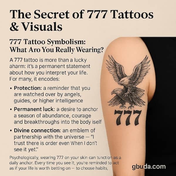 Illustration of the 777 tattoo meaning, symbolizing protection, divine guidance, and long-term spiritual luck.