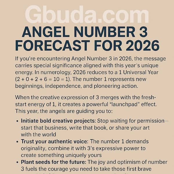 Glowing angel number 3 with soft angelic rays and subtle 2026 background, symbolizing a creative new-beginnings forecast.