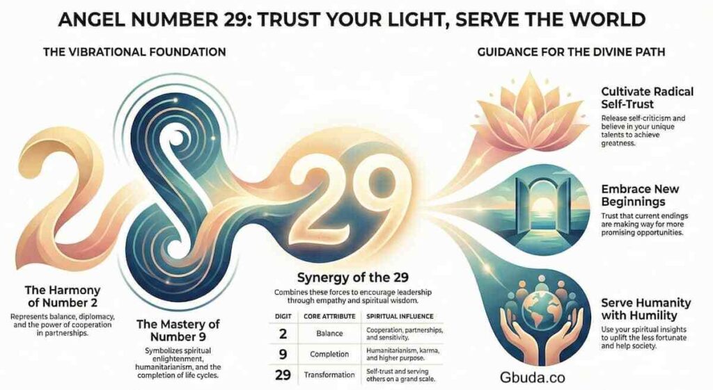 Angel number 29 displayed with spiritual symbols, representing angel number 29 meaning spiritually and inner guidance