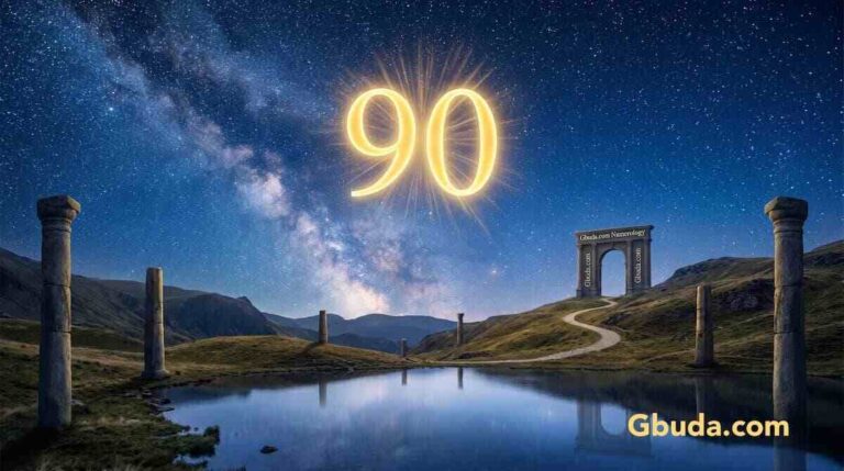 Graphic of angel number 90 glowing against a celestial starry night sky background