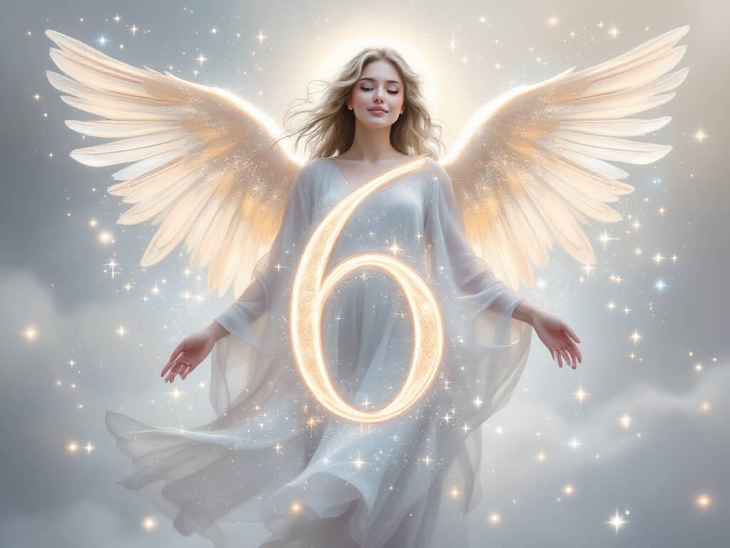 The meaning of angel number 6 represented through symbols of balance, family, home, and spiritual pathways.